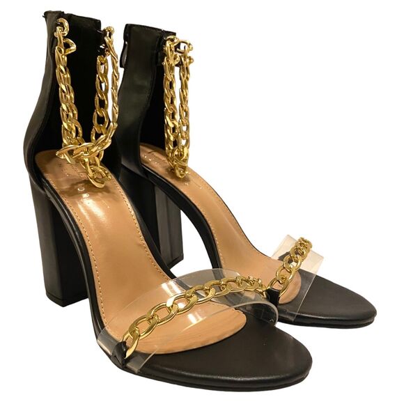 Nicole Miller Women Block Heel Black & Gold Ankle Chain Sandals Size 6 Back Zip - Picture 1 of 10